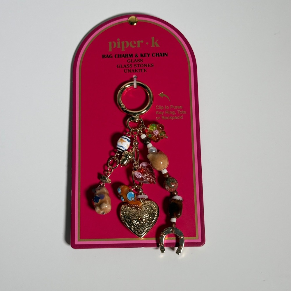 Piper K Bag Charm Key Chain Women Gold Unakite Heart Horseshoe Boho Purse Gift⁠